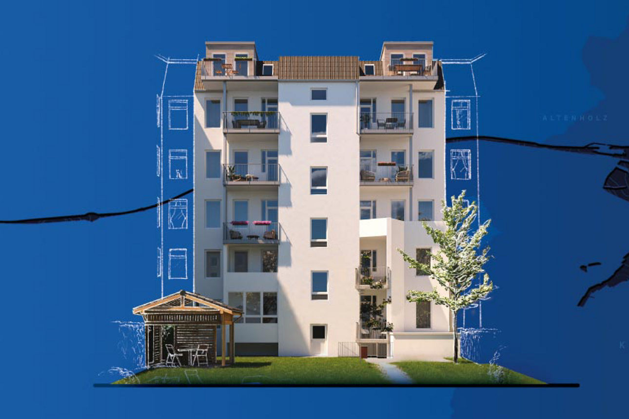 Ein Baum und ein Pavillion vor einem Mehrfamilienhaus.