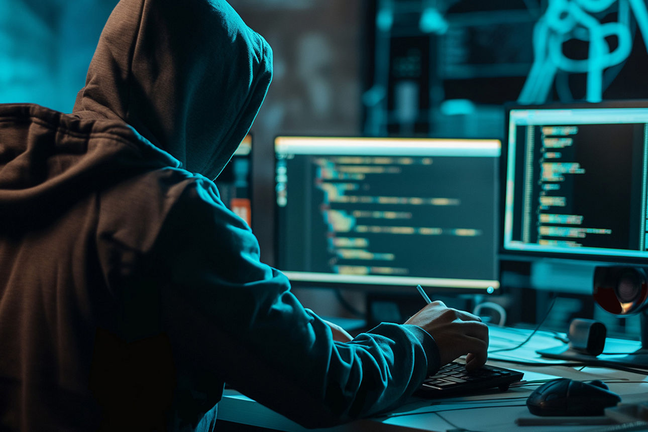 Hakcer von hinten in einem Computer-Raum