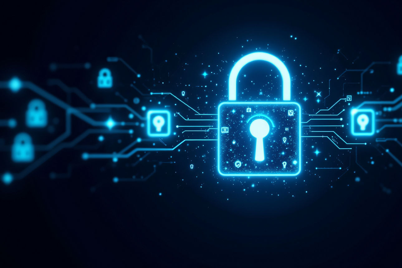 Vorhängeschloss in einer digitalen Netzwerkdarstellung mit verbundenen Leitungssymbolen und weiteren Schloss-Symbolen im Hint
