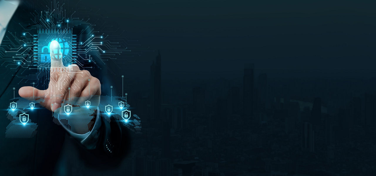 Businessman touching the brain working of network security in the realm of technology and innovation on data protection and cyber threat prevention strategies.
