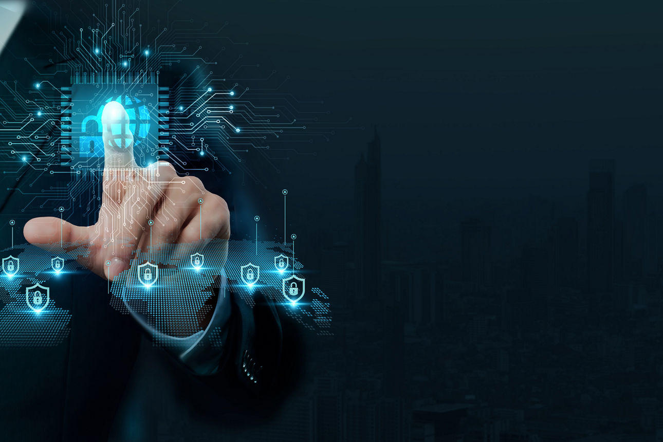 Businessman touching the brain working of network security in the realm of technology and innovation on data protection and cyber threat prevention strategies.