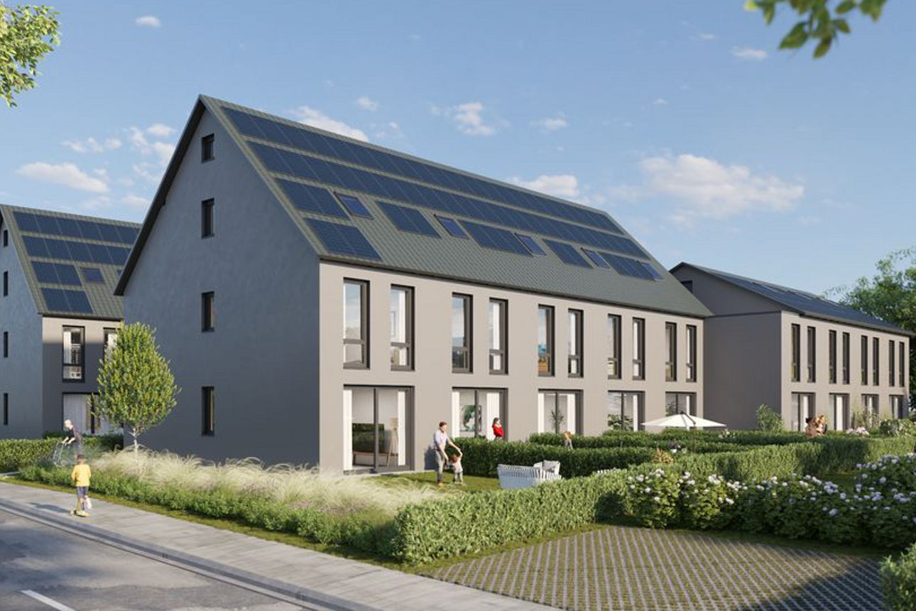 Architekturvisualisierung moderner Reihenhäuser mit großen Fenstern, Solarpaneelen auf dem Dach und einer grünen Gartenanlage