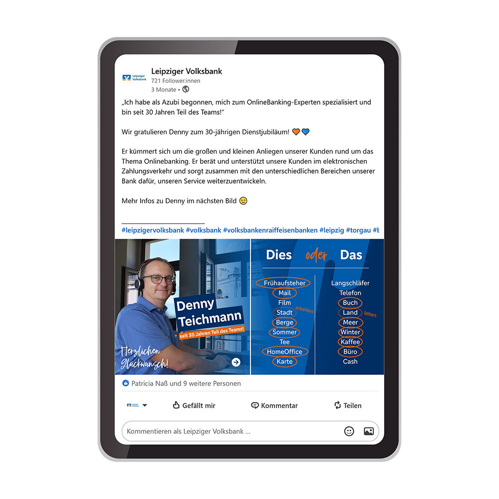 Tablet auf dem ein Steckbrief im Social Media Style angezeigt wird.