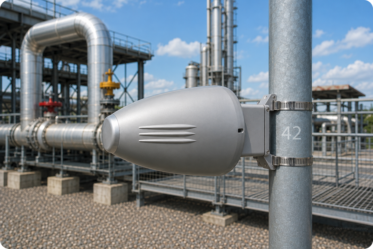 Industriesensor an einem Mast vor einer verfahrenstechnischen Anlage mit Rohrleitungen und Industrieinfrastruktur.