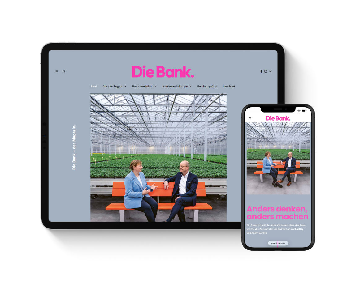 Cover-Seite vom Magazin "Die Bank." auf einem Tablet und Smartphone