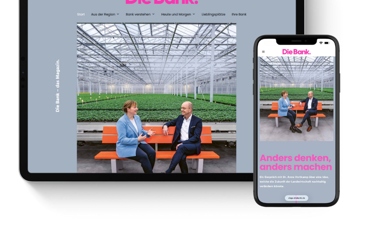 „Die Bank“ in Orange auf grauem Hintergrund