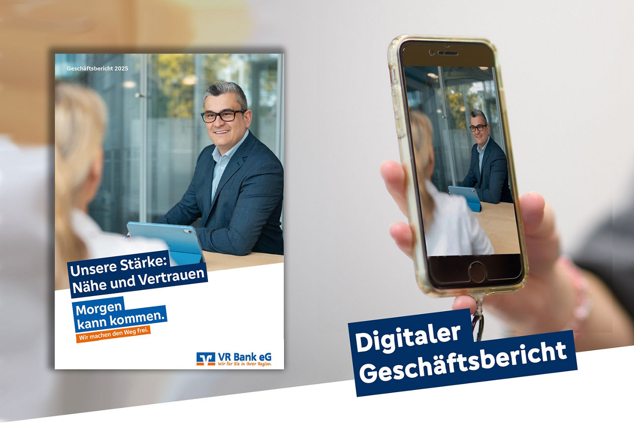 Digitaler Geschäftsbericht der VR Bank mit Smartphone-Ansicht und Darstellung von Vorstandsinformationen.