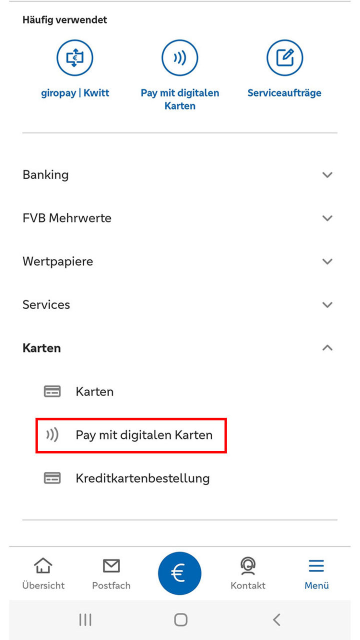 Screenshot der Banking App zum Thema Pay mit digitalen Karten