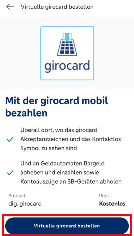 Screenshot der Banking App: Karte bestellen