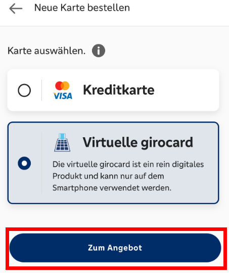 Screenshot der Banking App: Zum Angebot