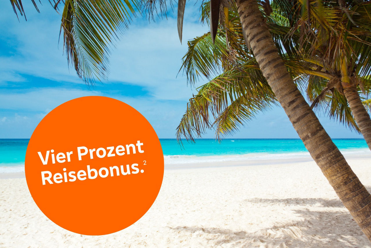 Sandstrand mit Palme mit Störer 4 Prozent Reisebonus.
