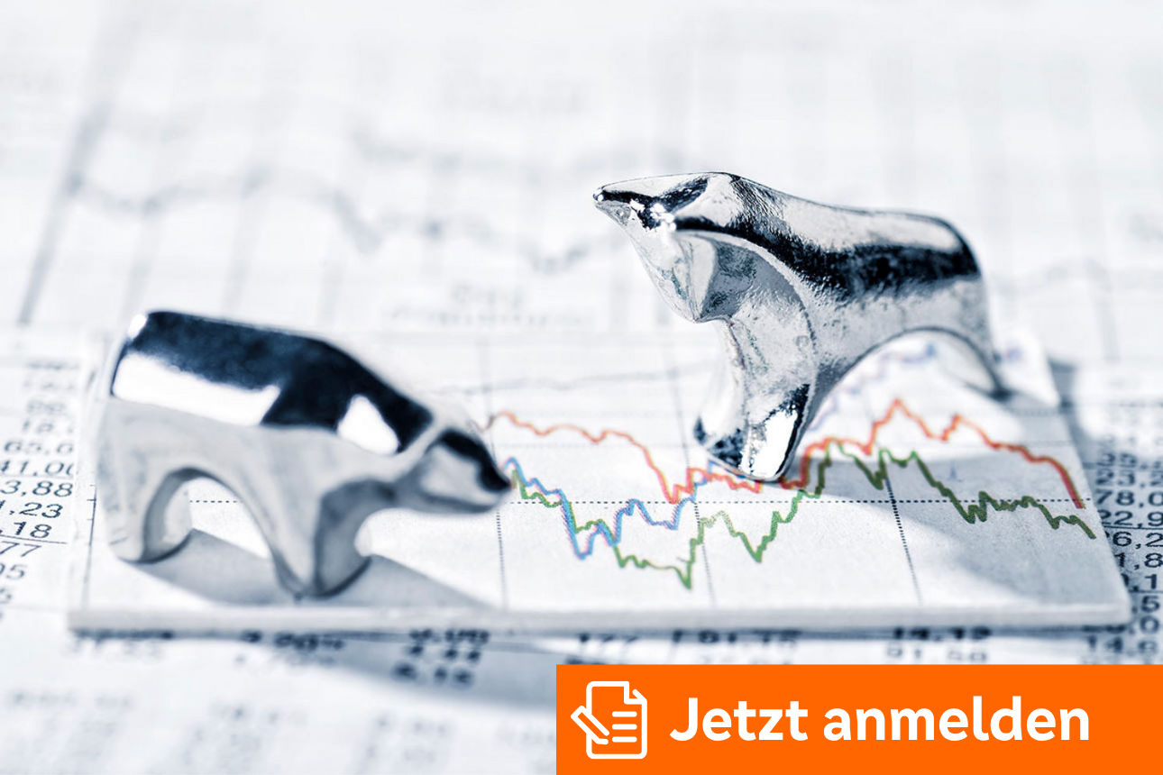 Bulle und Stier stehen als silberne Figuren auf einem Papier mit Börsenkursen und Zahlen