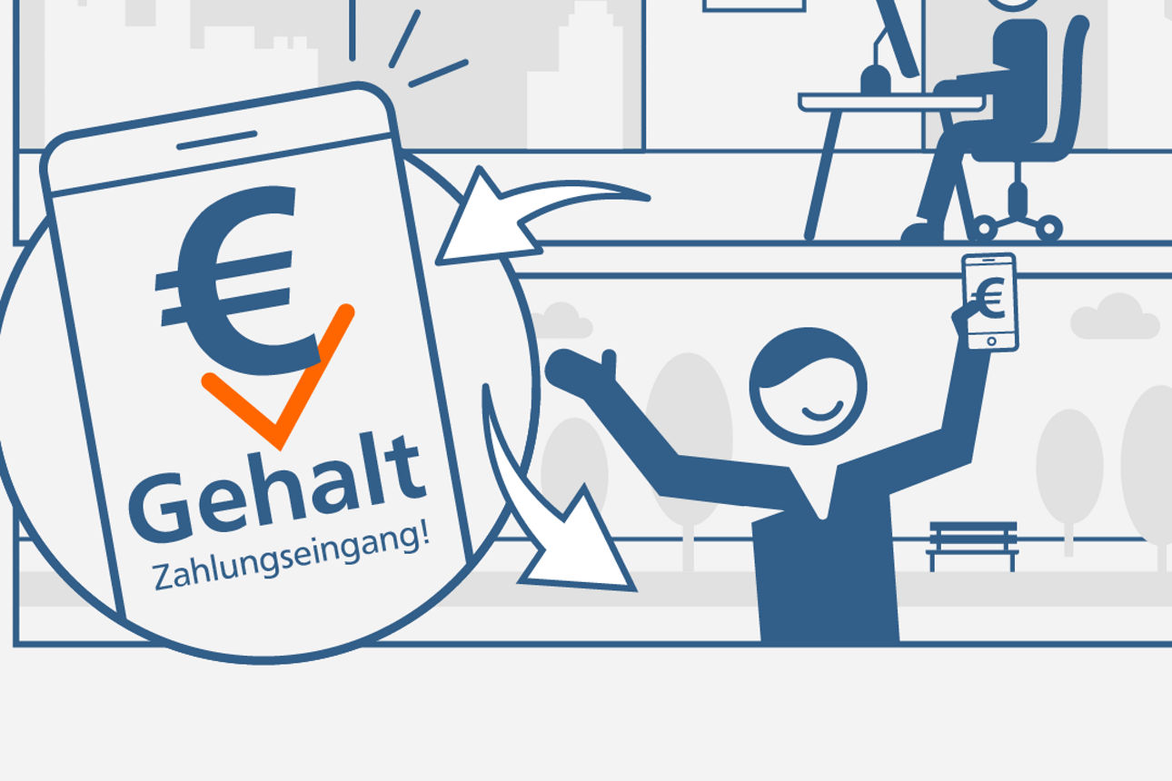 Gehaltszahlung - Infografik mit Mensch, der mobil seinen Gehaltseingang bestätigt bekommt