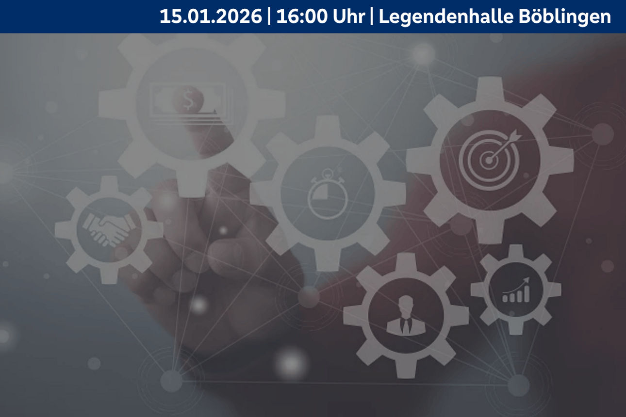 Finger zeigt auf Zahnräder mit Symbolen für Finanzen, Zeit, Ziele, Zusammenarbeit und Analyse.