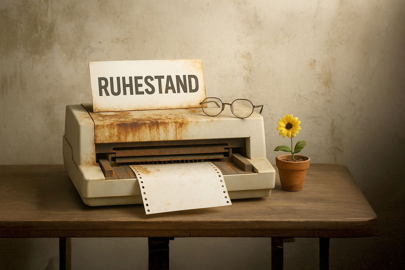 Alter Drucker mit sichtbarem Rost und einem Schild mit der Aufschrift Ruhestand auf einem Tisch.  Die Grafik wurde KI-unterstützt erstellt.