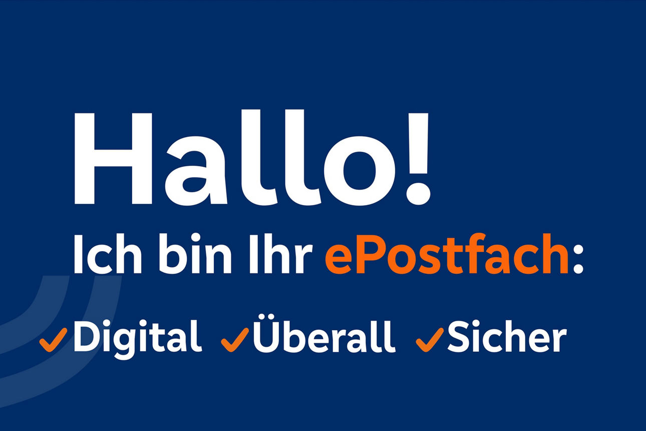 Ein Bildumschlag mit Glockensymbol und dem Text: Hallo, ich bin Ihr ePostfach – Digital, Überall, Sicher.