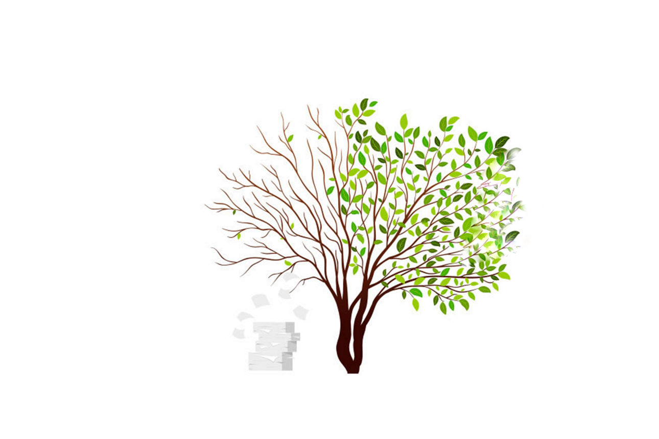 Baum, der auf einer Seite alle Blätter verliert, damit ein Stapel Papier entsteht.