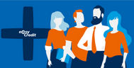 easyCredit Logo, rechts daneben grafisch dargestellten Personen in Blau und Orange