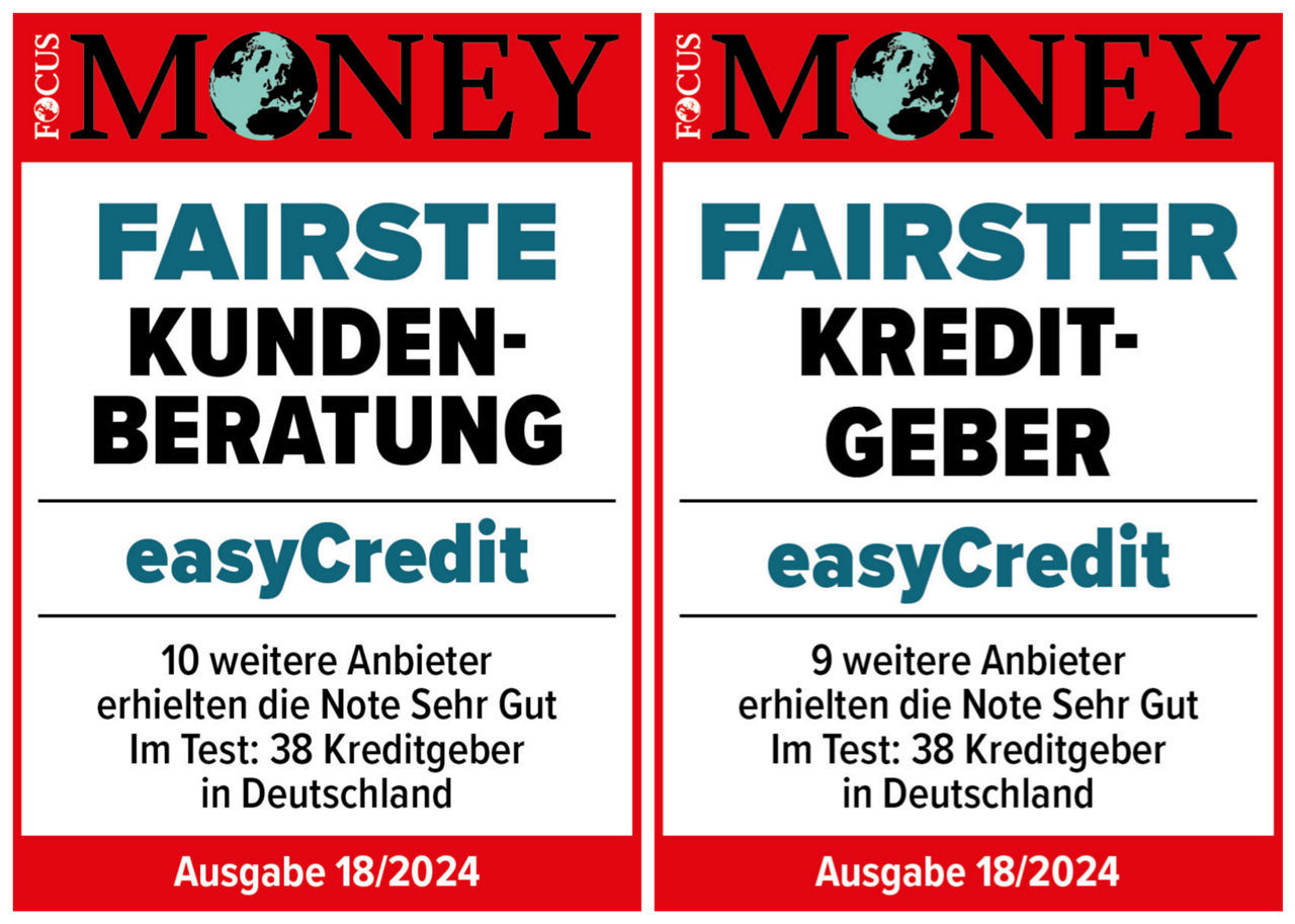 Siegel von Fokus Money für die fairste Kundenberatung sowie den fairsten Kreditgeber.