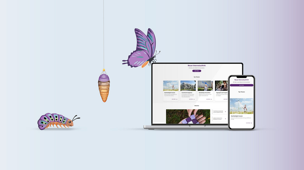 Eine Raupe ein Kokon und ein Schmetterling die für das Thema Veränderung stehen. Daneben ist ein Laptop und ein Smartphone