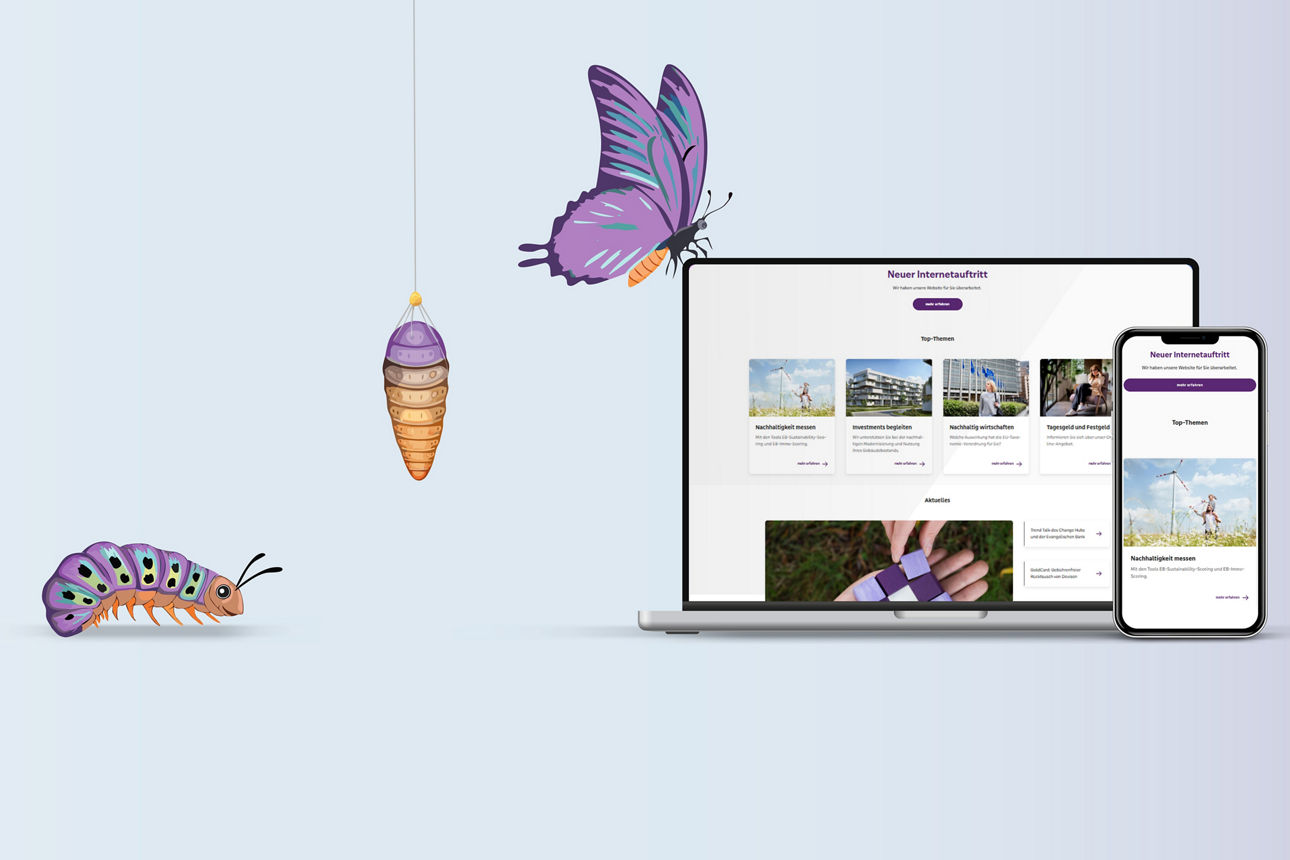 Eine Raupe ein Kokon und ein Schmetterling die für das Thema Veränderung stehen. Daneben ist ein Laptop und ein Smartphone