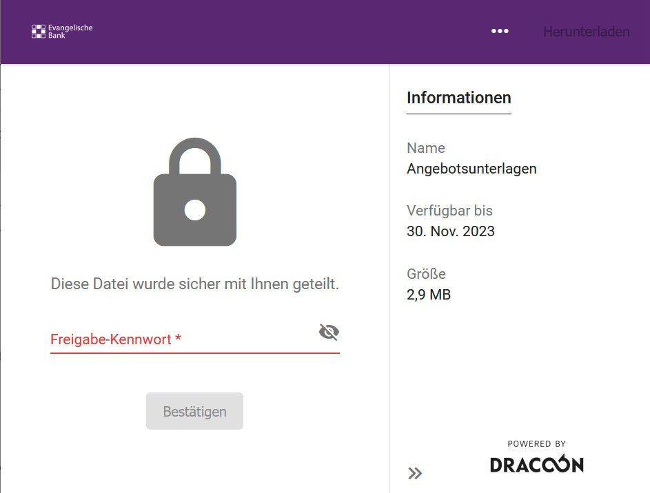 Screenshot aus EB-SecureDocs für das erhalten von Daten der Evangelsichen Bank
