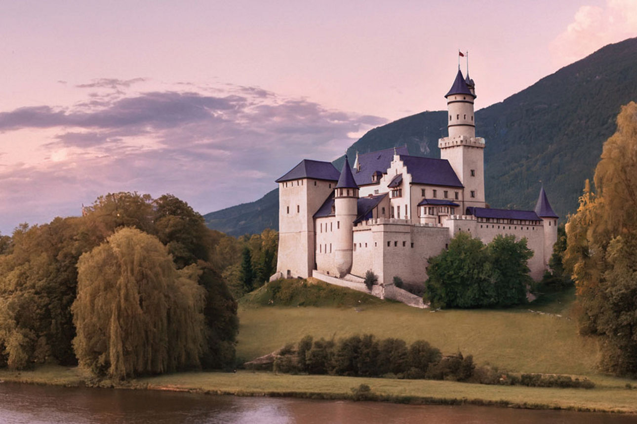 Weißes Schloss am See vor einer Bergkette