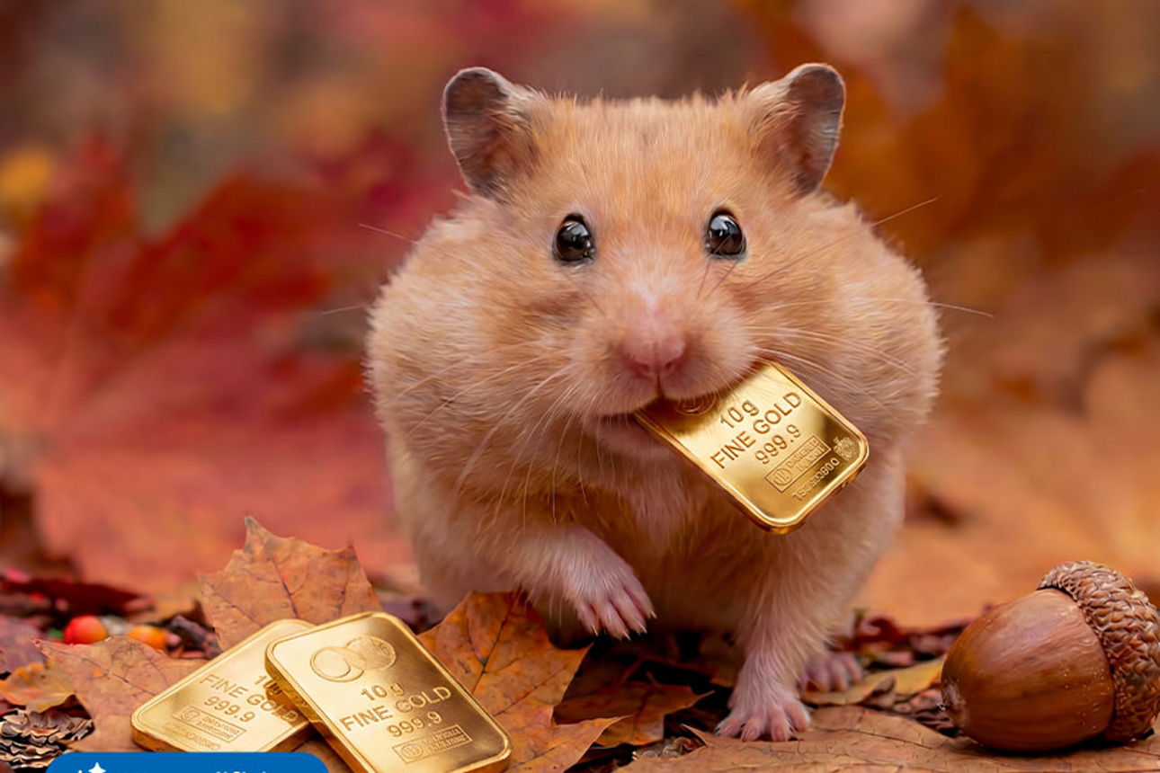 Hamster mit Goldbarren im Maul