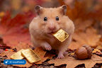 Hamster im auf Laub mit Goldnugget im Maul