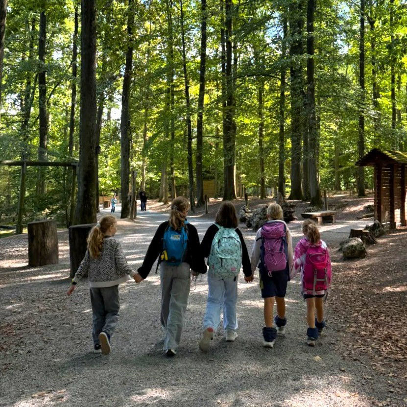 Fünf Mädchen gehen Hand in Hand durch einen Wald