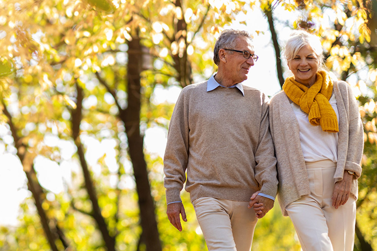 Ein Ehepaar geht im Wald spazieren