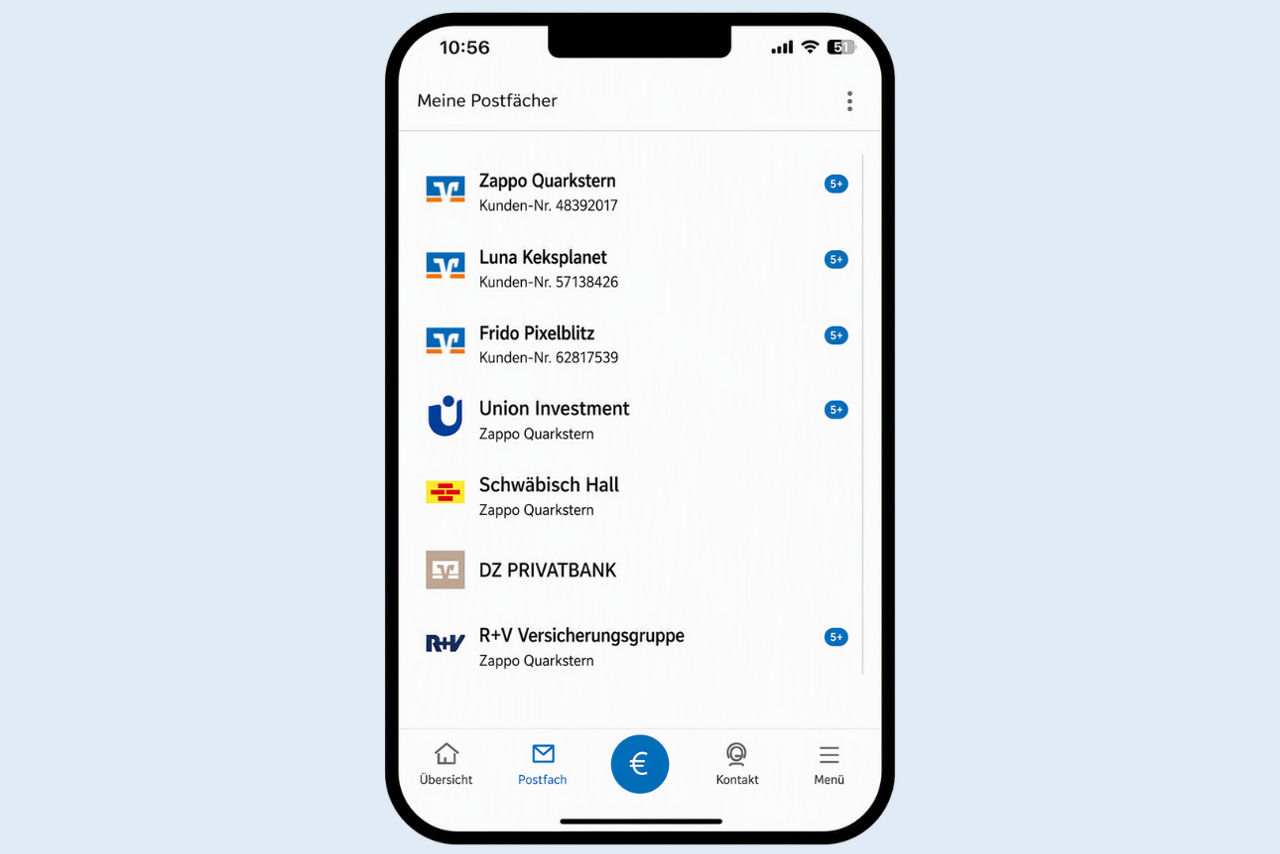 Banking-App mit elektronischem Postfach und Nachrichtenübersicht verschiedener Finanzdienstleister.