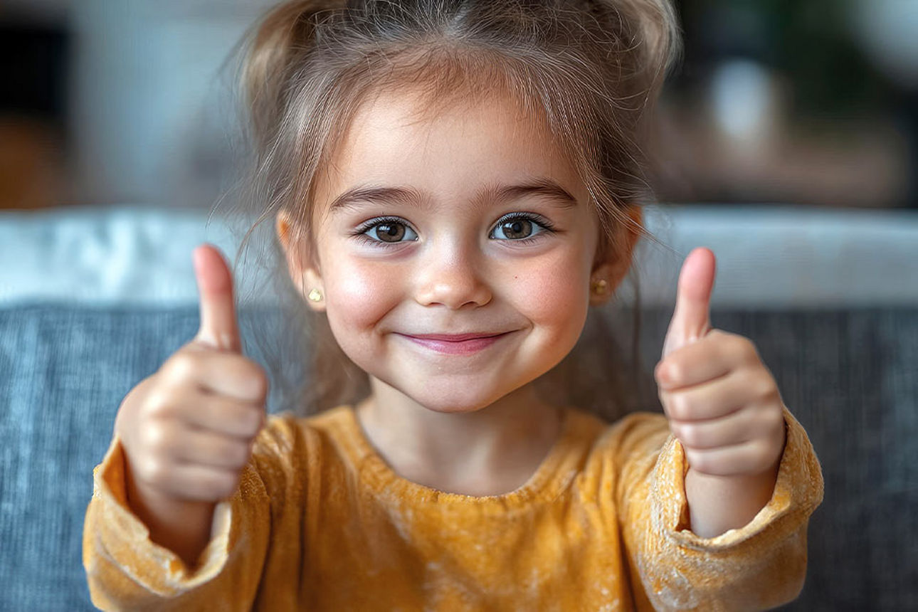 Kleines Mädchen lächelt und hebt beide Daumen nach oben