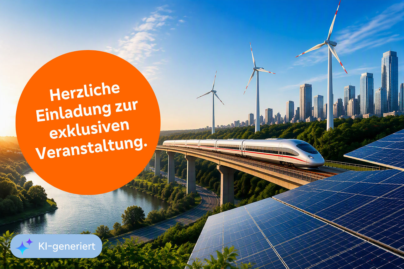 KI-generiertes Bild: Schnellzug, Windräder und Solaranlagen vor moderner Skyline