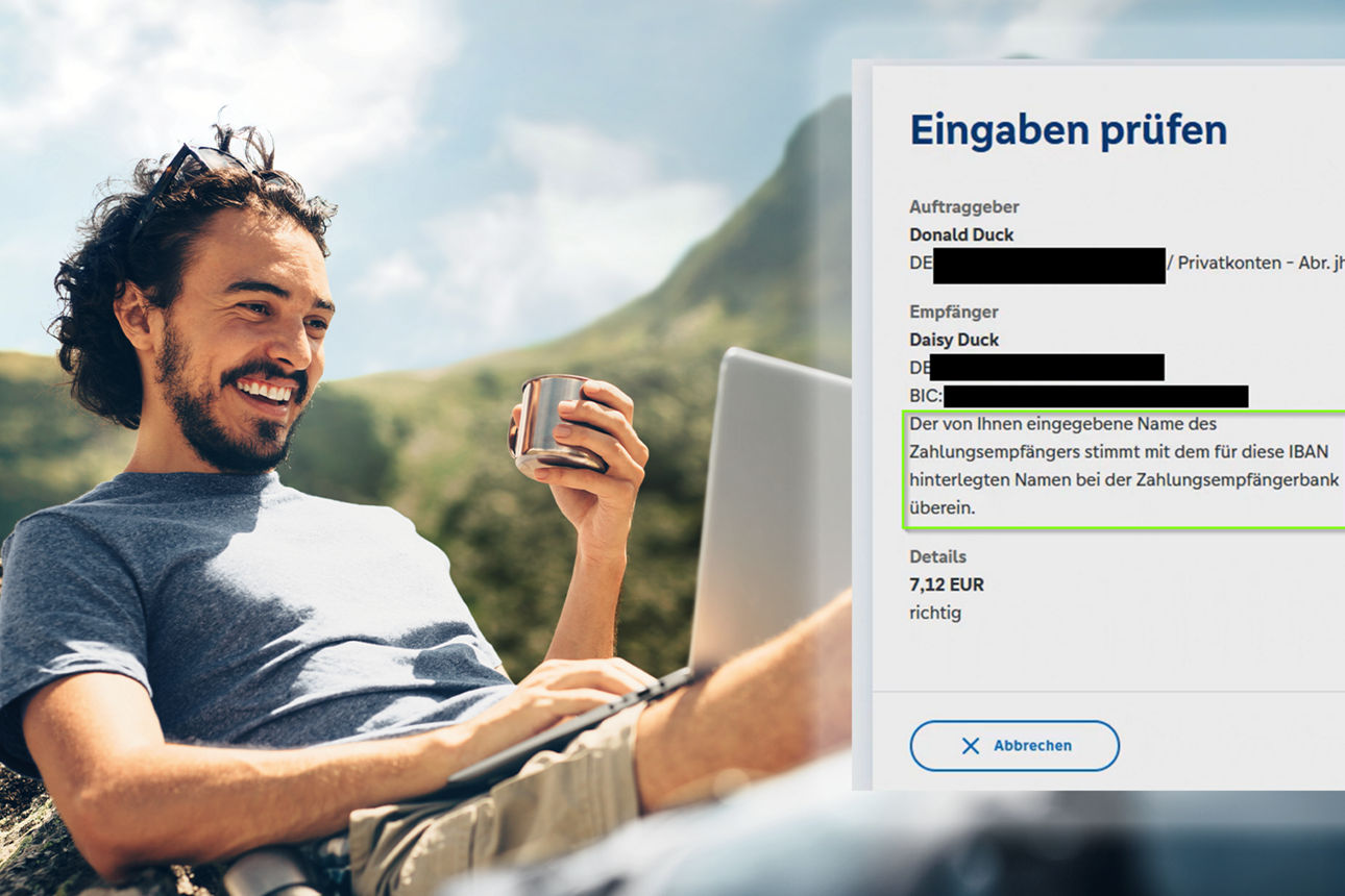 Mann mit lockigen Haaren und Bart sitzt draußen mit Laptop auf dem Schoß, Screenshot im Bild "Empfängerüberprüfung erfolgreich"