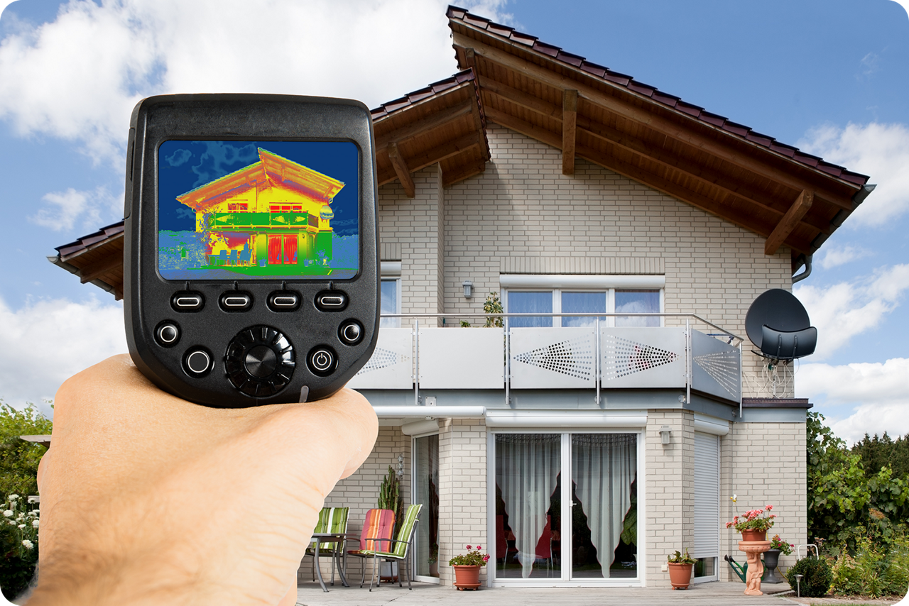 Eine Wärmebildkamera ist auf eine Haus gerichtet