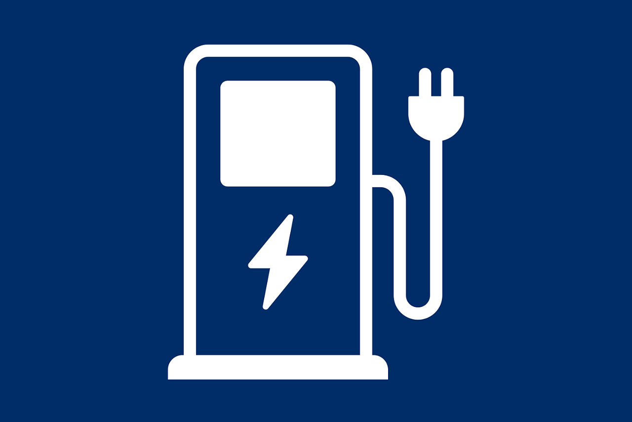 Schematische Darstellung einer elektrischen Zapfsäule auf blauem Hintergrund