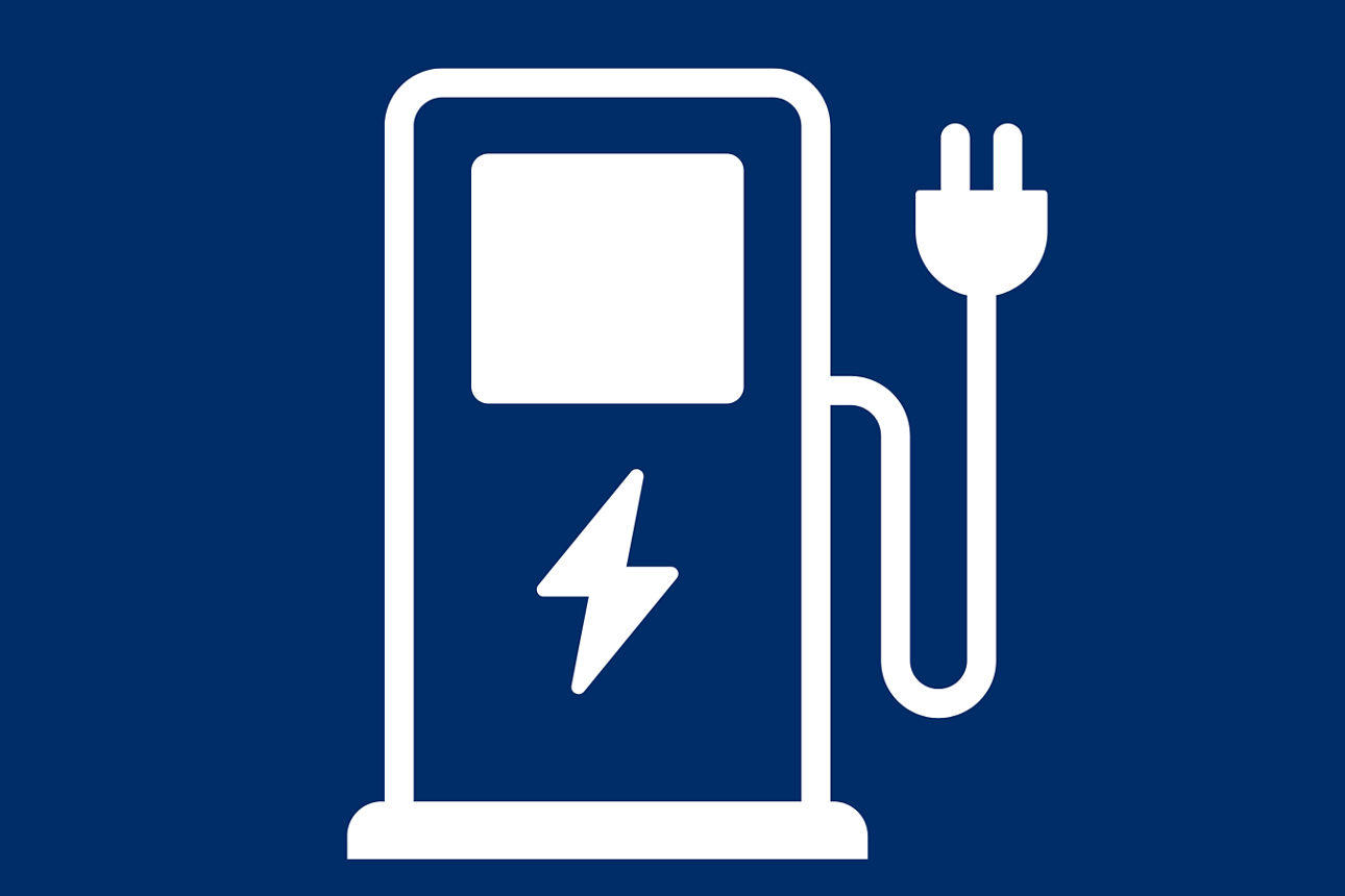 Schematische Darstellung einer elektrischen Zapfsäule auf blauem Hintergrund