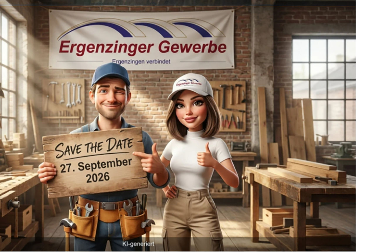 Ein Mann und eine Frau in einer Werkstatt und halten ein Schild mit Save the Date hoch  Bild KI-Generiert