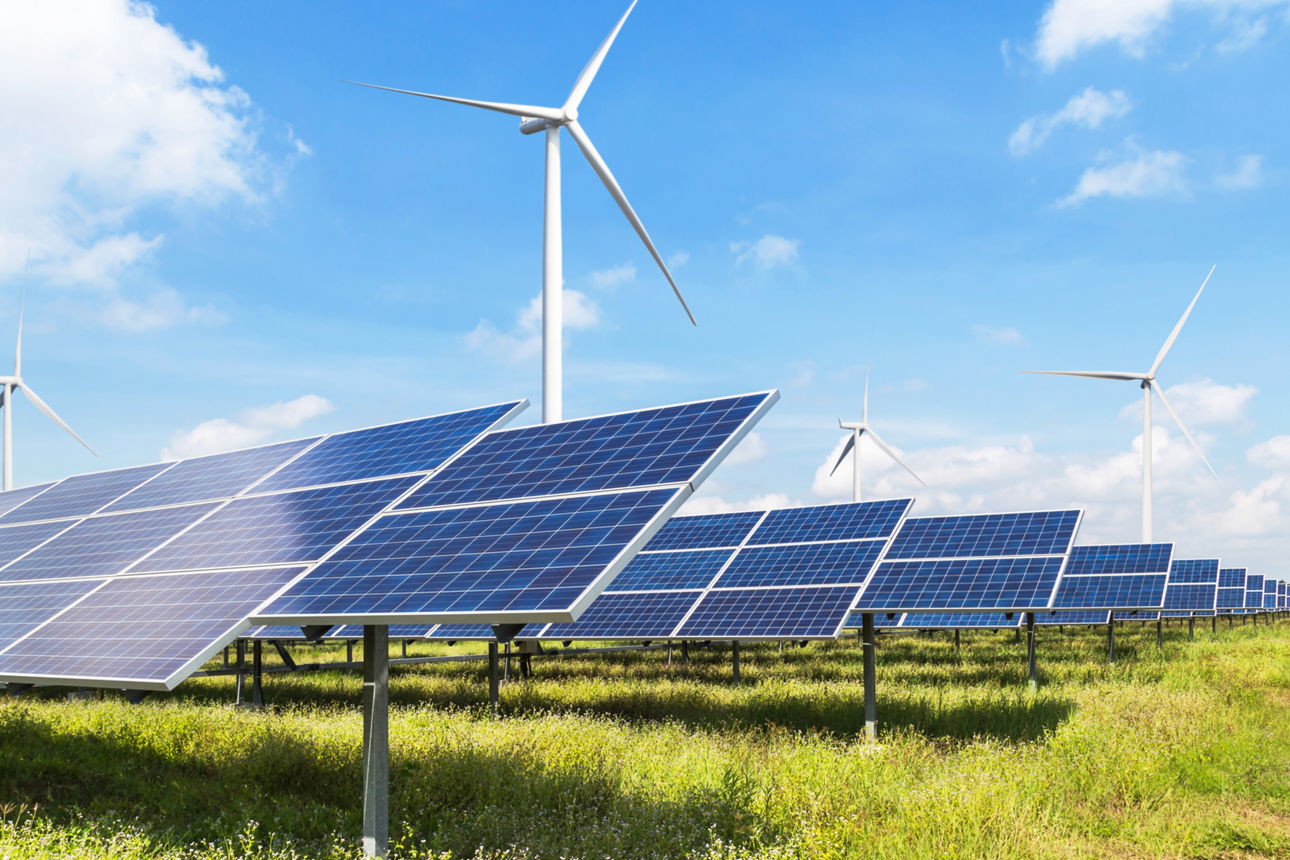 Windräder und Solarpannels auf grüner Wiese vor blauem Himmel