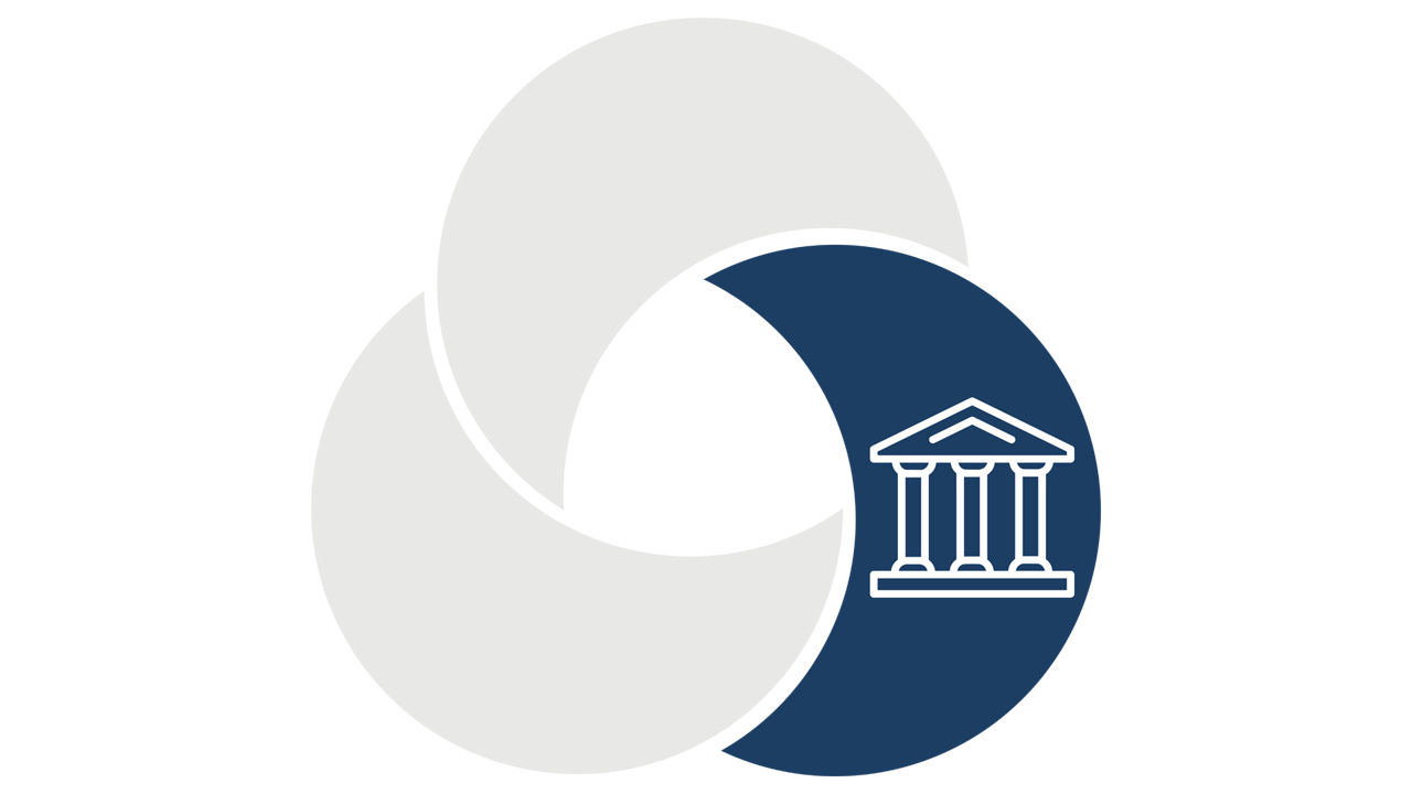 Logo aus drei Elementen / zwei ausgegraut , auf einem blauen ein Gebäude