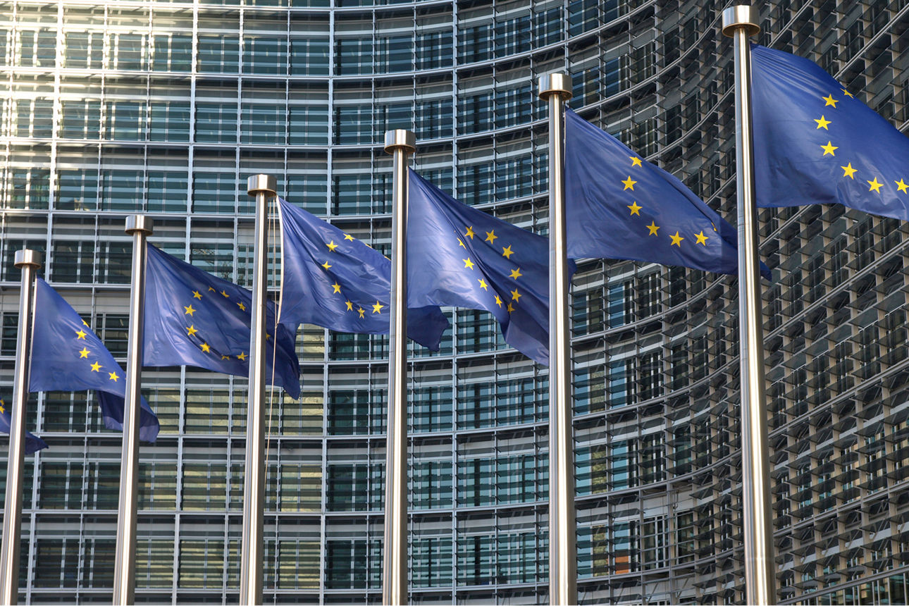 Europafahnen vor einem Gebäude