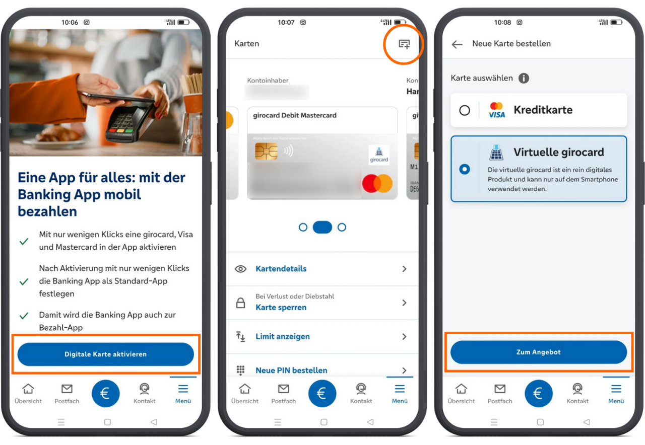 4 Smartphones zeigen die Bestellstrecke der virtuellen Girocard