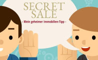 Illustration zweier Personen, die sich unterhalten; Sprechblase mit dem Text ‚Secret Sale – Mein geheimer Immobilien-Tipp