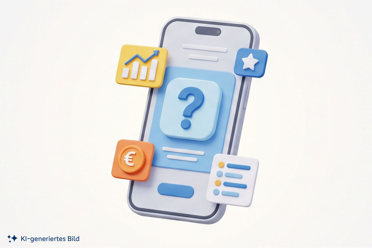 KI-generiertes Bild: Smartphone mit Hilfesymbol sowie Icons für Finanzen, Bewertungen und Funktionen.