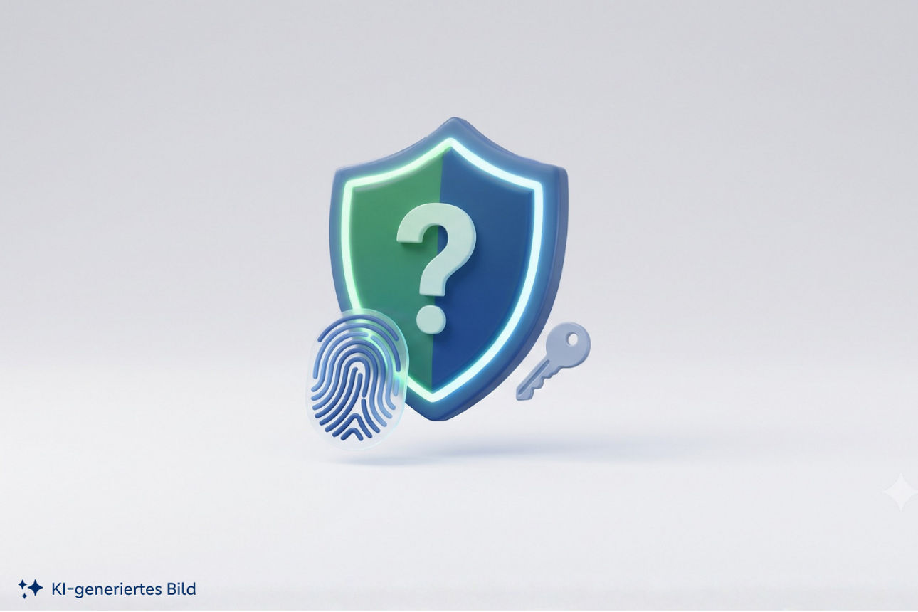 KI-generiertes Bild: Laptop mit Hilfesymbol, Checkliste und Sicherheitssymbolen im OnlineBanking.