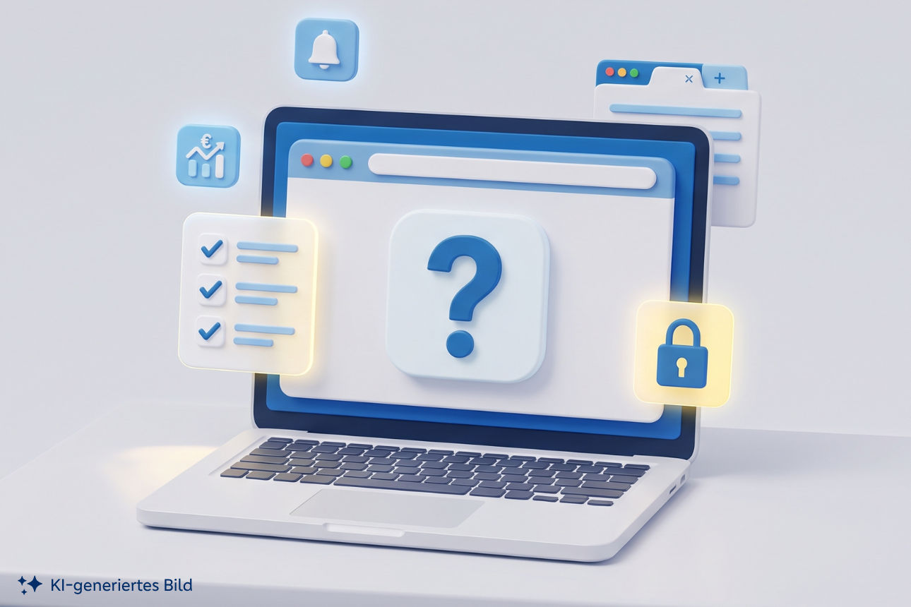KI-generiertes Bild: Laptop mit Hilfesymbol, Checkliste und Sicherheitssymbolen im OnlineBanking.