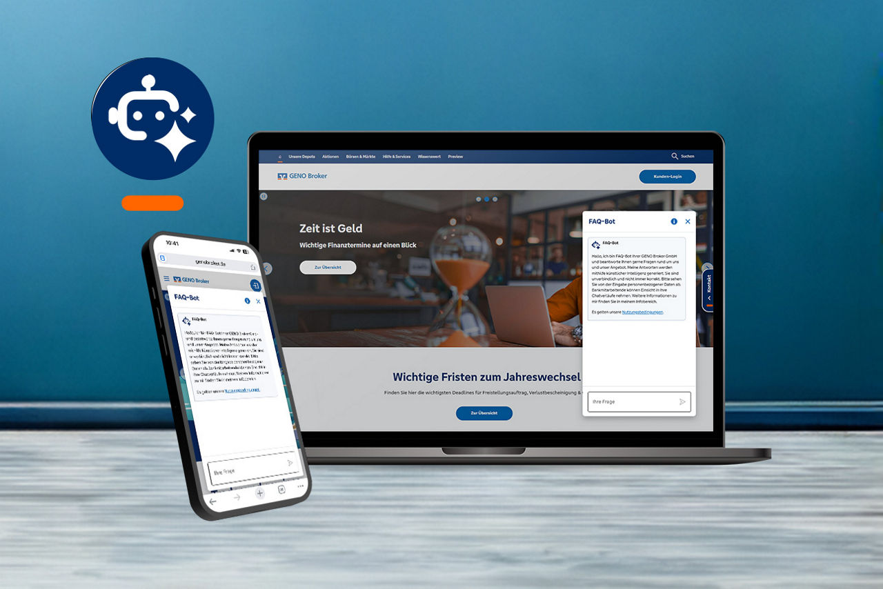 Ansicht des GENO Broker FAQ-Bots auf einem Laptop und einem Handy