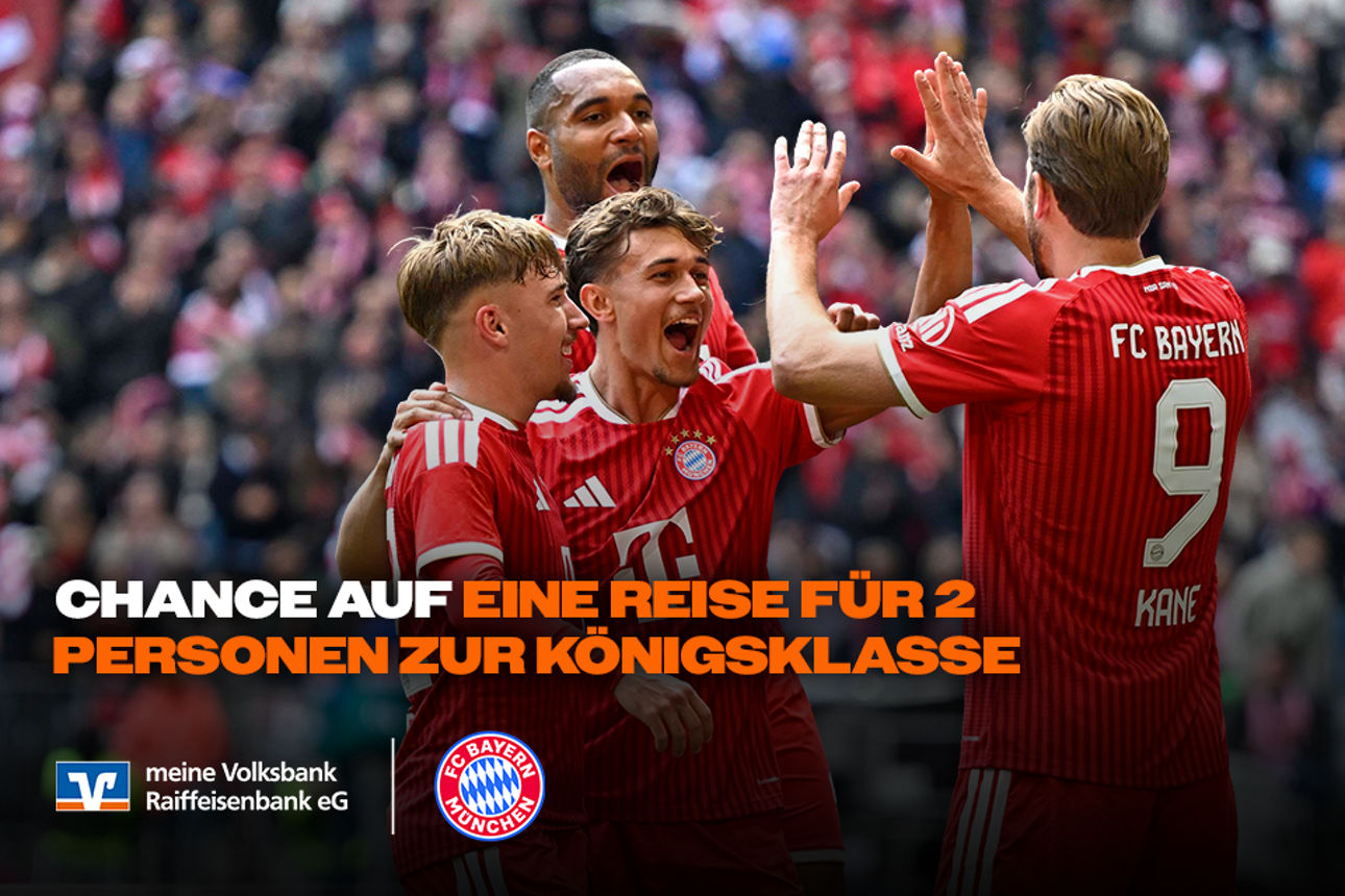 Spieler der FC Bayern München mit der Information zum FC Bayern Fansparen Gewinnspiel
