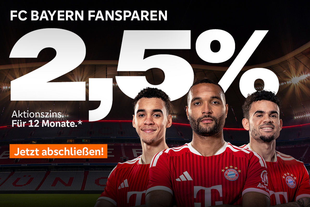 FC Bayern Fansparen I 2,5% Aktionszins Werbebanner mit Spielern des FC Bayern München